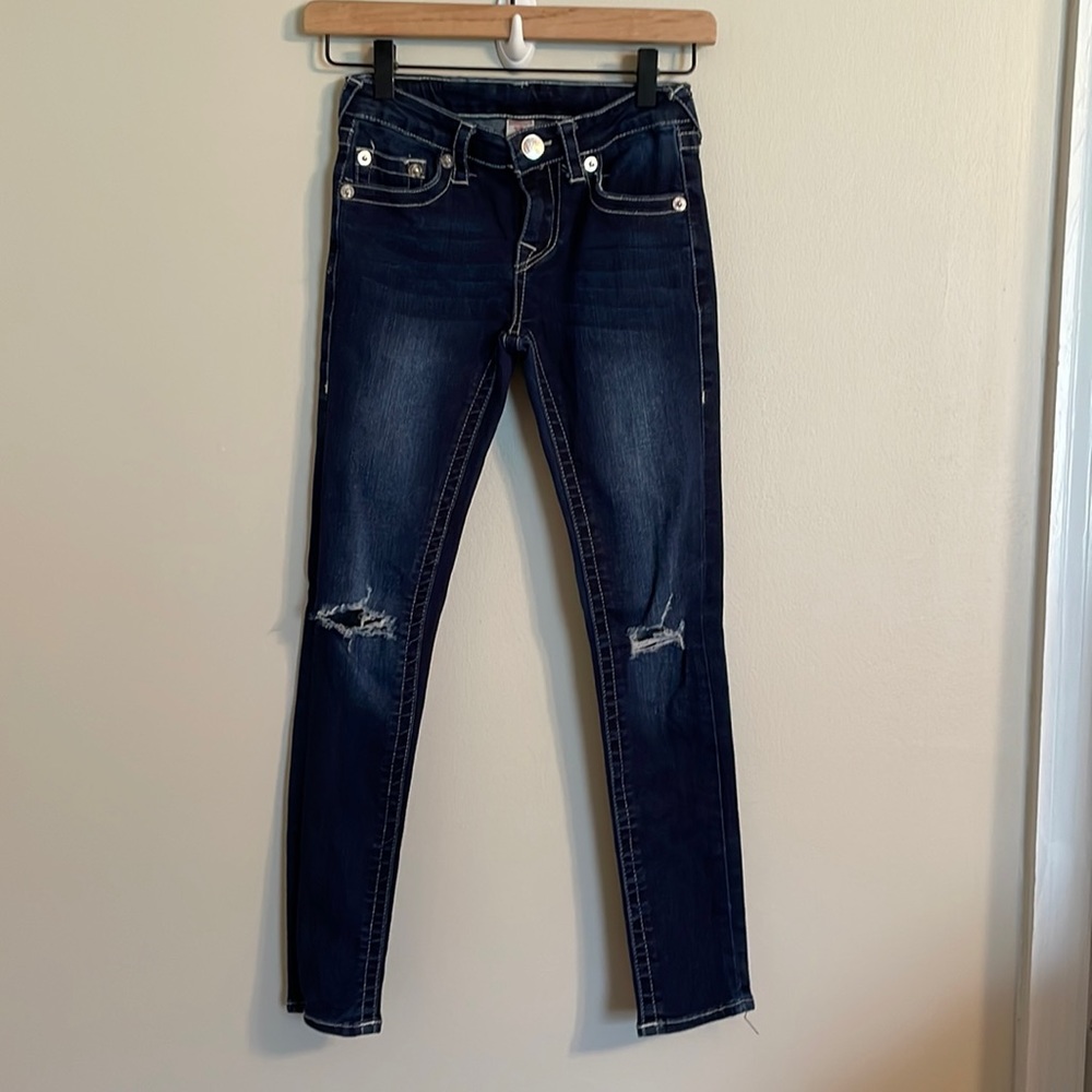 Girl’s True Religion Distressed Skinny Jeans Size 10 Dark Wash